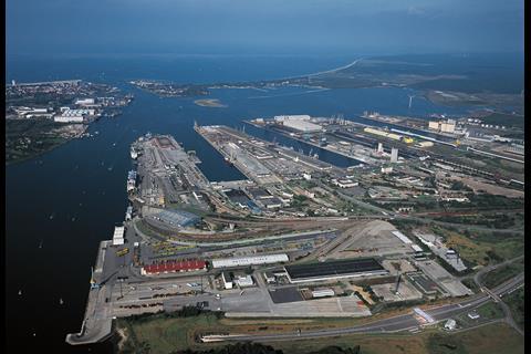 Rostock Überseehafen with Baltic approach channel beyond